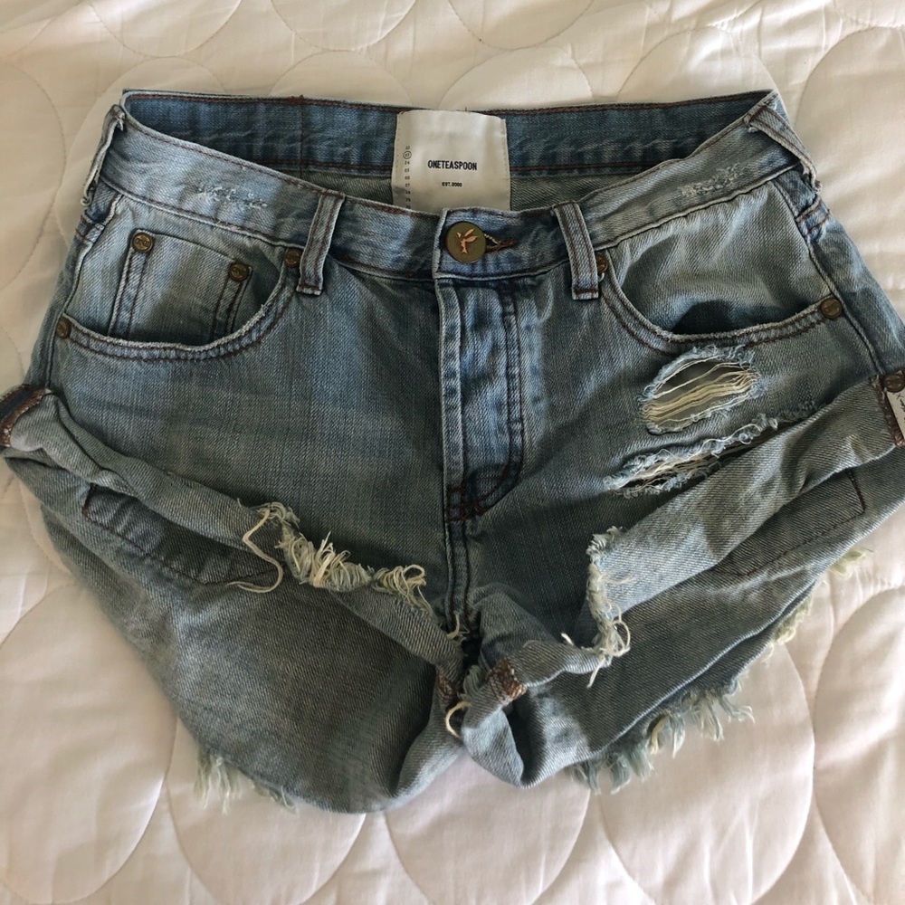 One Teaspoon Light Blue Distressed Denim Jean Shorts